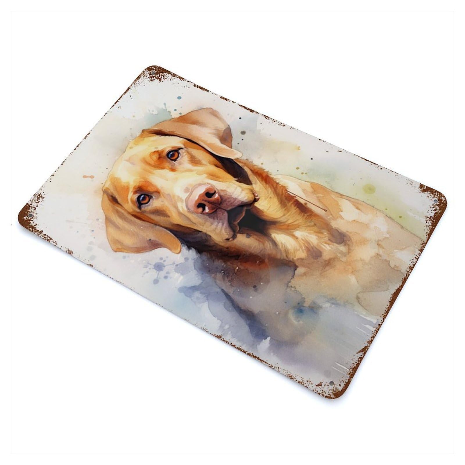 Weathered Tin Sign with Golden Retrieve Watercolor Design 11.8"x7.9", for Basement, Hobby Room And Garage Decor, Industrial Home Decor