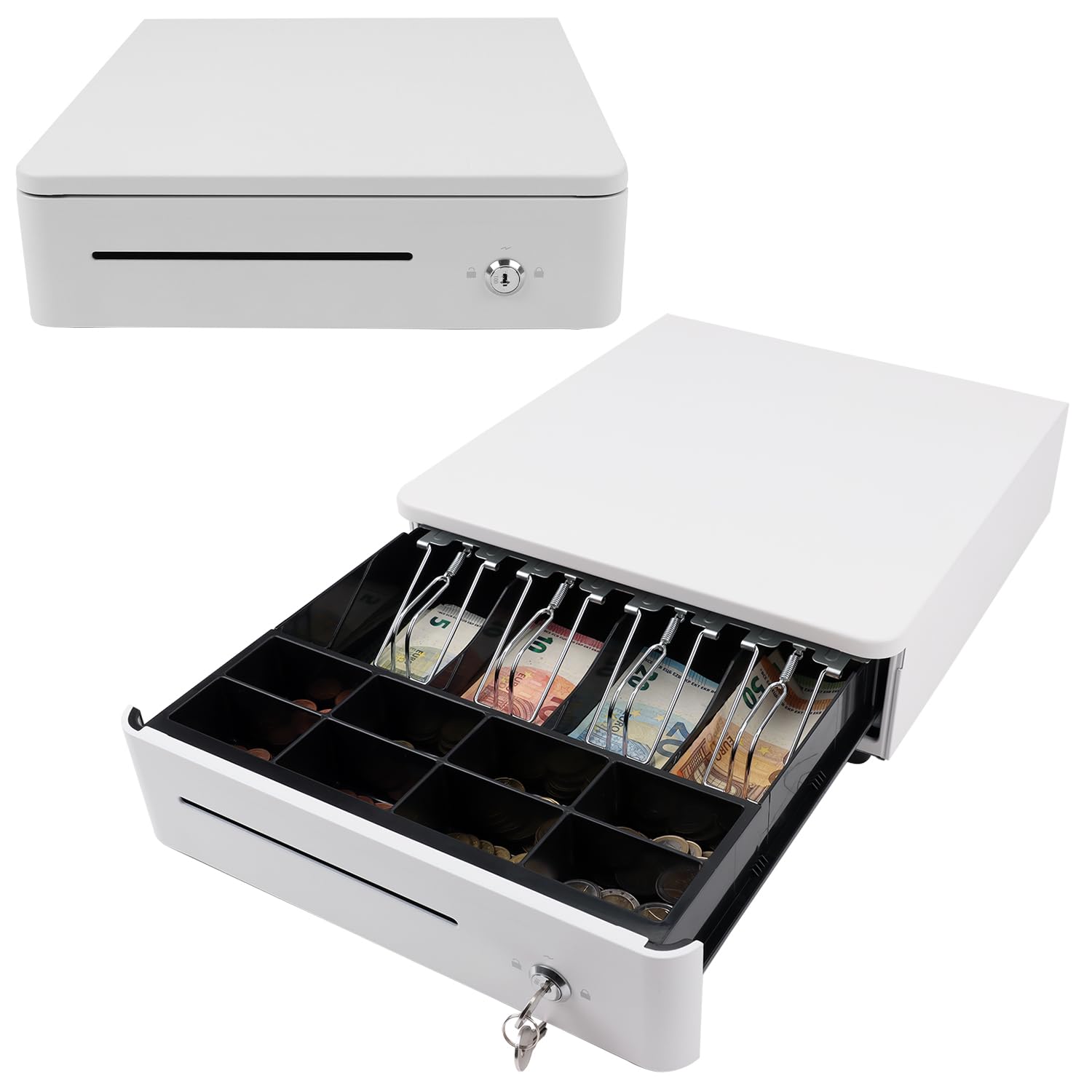 OLYMPIA S 330 blanc | Tiroir caisse avec 8 compartiments pour pièces et 4 compartiments à billets | Tiroir-caisse robuste en métal | Caisse enregistrable à commande électrique avec serrure et