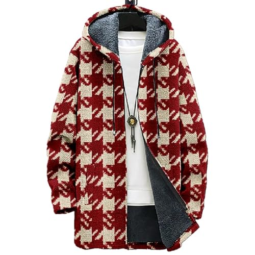 Biacolum Winter Jacket for Men Full Zipper Casual Drawstring Long Sleeve Sherpa Fleece Lined Comfy Coat Fashion Houndstooth Print Warm Hooded Sweatshirts Loose Fit Cadigans with Pocket,XL