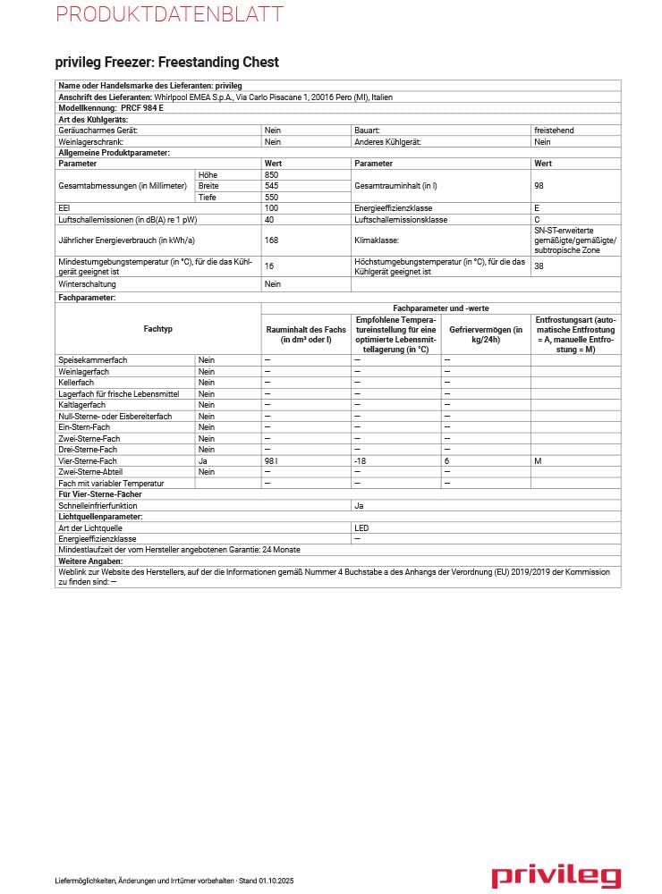 Privileg PRCF 984 E Gefriertruhe/Nutzinhalt 98 l/Supergefrierfunktion/Optischer Temperaturalarm/höhenverstellbare Füße vorne/Elektronische Steuerung, Weiß