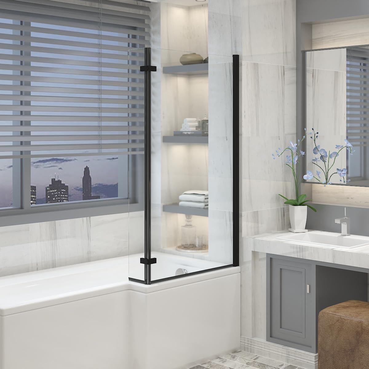 Aquariss Black 1400x810mm Pivot L Shape Bath Screen with Hinged Folding Return Panel 6mm Toughened Safety Glass Aluminium