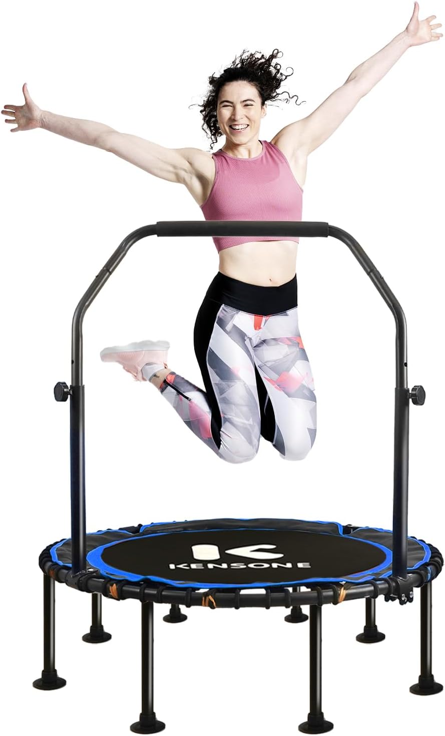 40/48" Foldable Rebounder Trampoline for Adults with Bungee, 450/550 LBS Quiet Indoor Mini Trampoline for Adults Fitness, Gym Workout, Home Exercise 48" U-Bar Blue