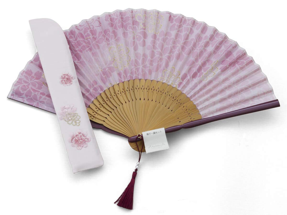 Handfächer Kiyoshisakura, Rosé, Bambus Holz und japanische Baumwolle, Premium-Qualität Stoff Etui und Geschenkbox