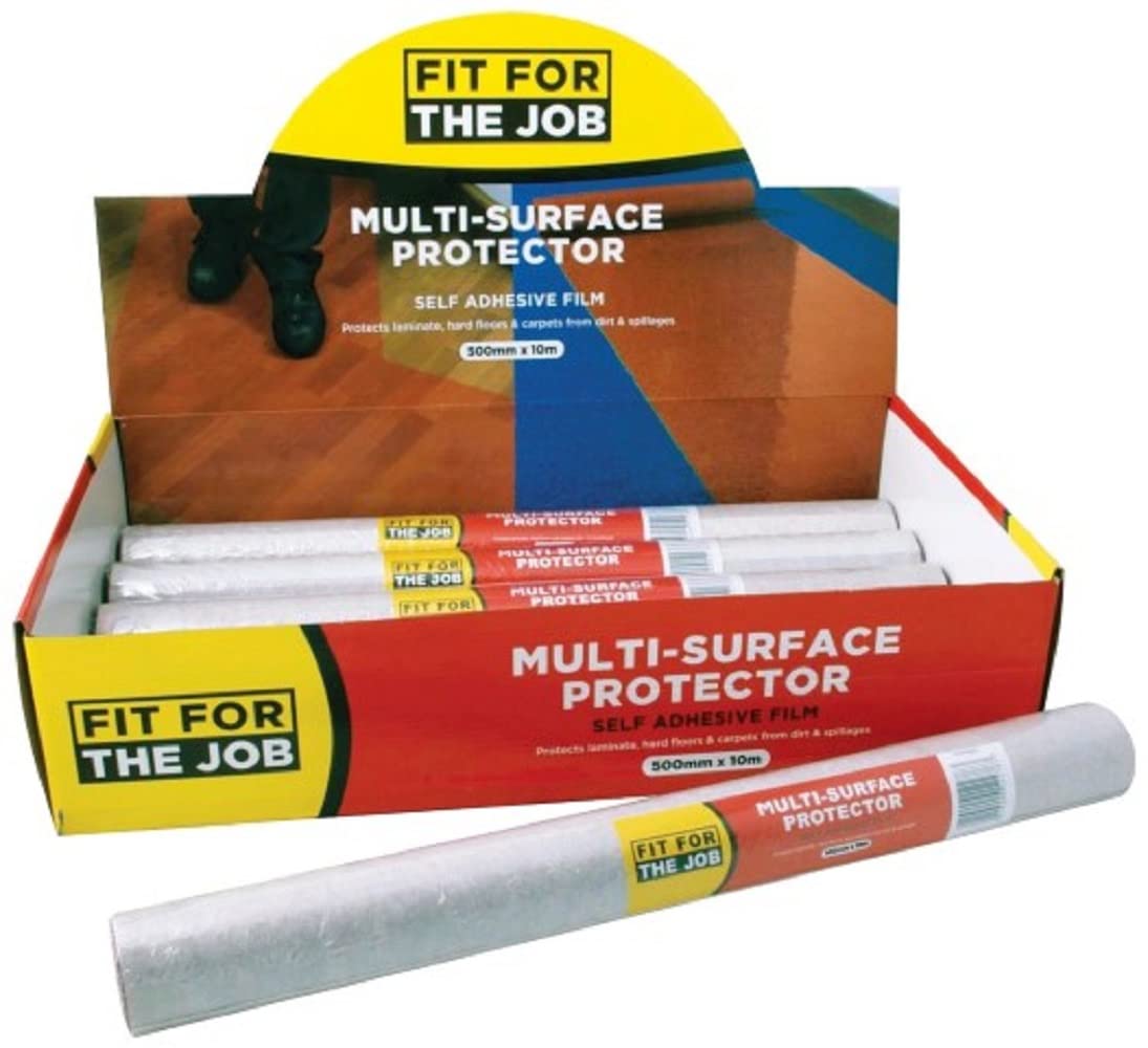 Fit For The Job 10m x 500mm Multi-Surface Protector -Waterproof Self-Adhesive Film for Temporary Protection of Carpets, Wood & Tiled Floors Against Dirt, Paint & Spills, Puncture Resistant, No Residue