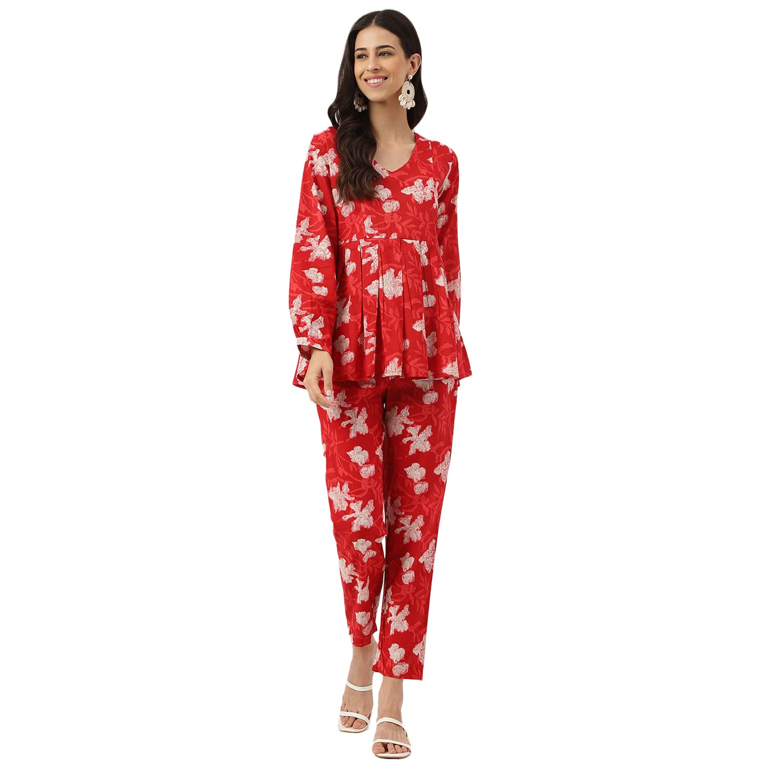 Red Cotton Peplum Top Pant Co-ords Sets-image-21