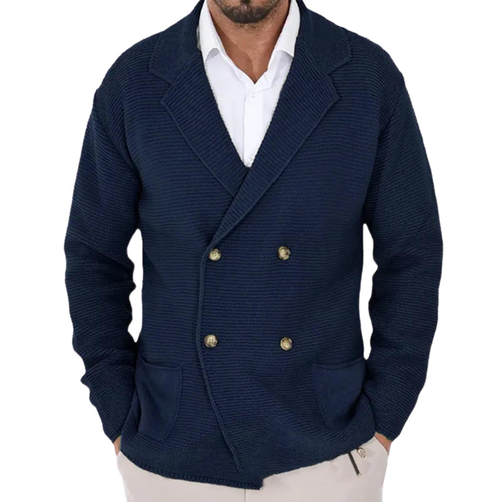 Thanksgiving Cardigan Sweaters for Men Lapel Long Sleeve Knitted Cardigans Double-Breasted Pockets Sweater Jacket