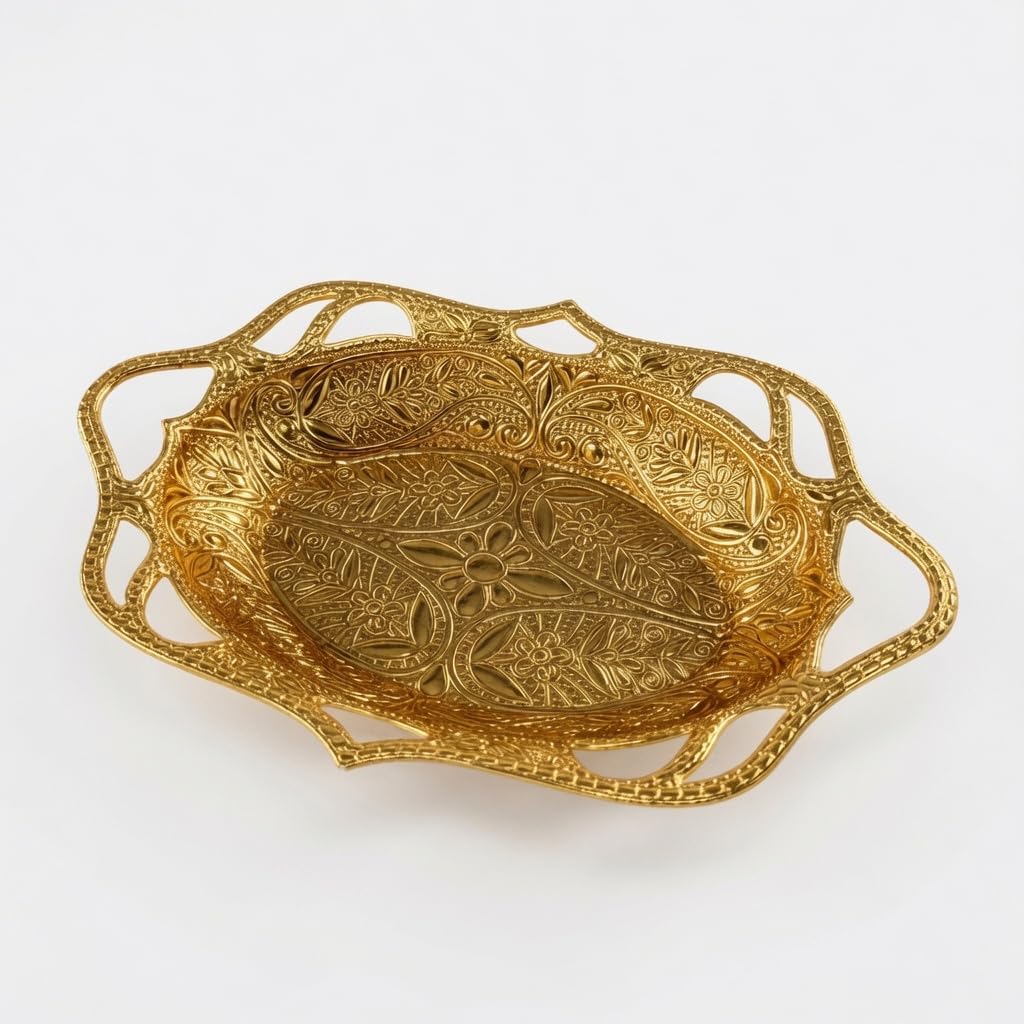 Alisveristime Arabic Serving Bowl, Metal Indian Candy Tray (Gold) | Elegant candy bowl with Arabic & Indian motifs. Traditional metal dish for cultural sweets, dates or chocolate.