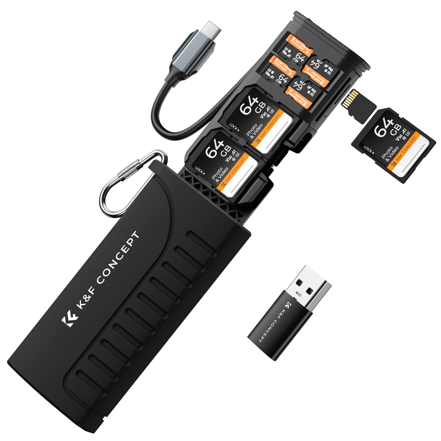 K&F CONCEPT Lecteur de Carte Mémoire USB 3.1 avec Boîtier de Protection – Lecteur SD/Micro SD 4xSD + 6xTF, Adaptateur USB-C Haute Vitesse, Compatible Caméra, Drone, Smartphone et PC