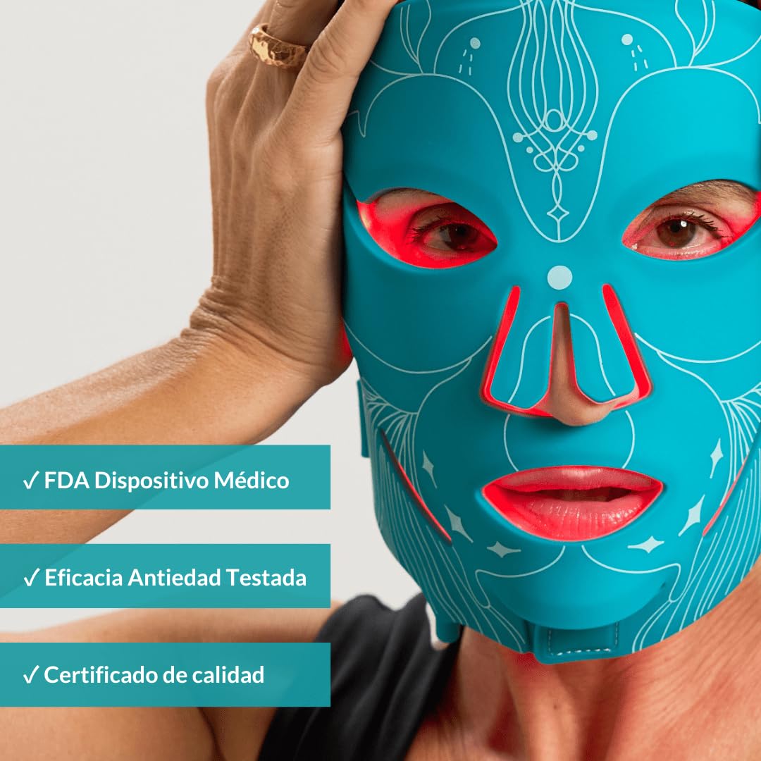 Glo Mask I Máscara LED Facial de Silicona Flexible I Dispositivo de Luz Roja e Infrarroja NIR para Cuidado Facial en Casa I Tecnología LED con 3 Longitudes de Onda I Recargable