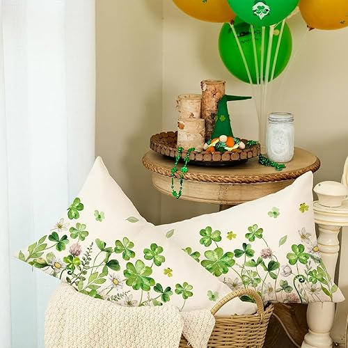 Miniatura 9 de AACORS Juego de 2 fundas de almohada del Día de San Patricio de 18 x 18 pulgadas, decoraciones florales de trébol, decoración de primavera para sofá