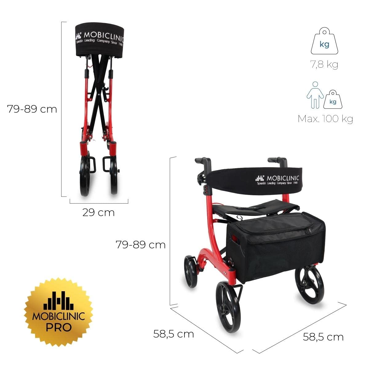 Mobiclinic® pro, Deambulatore per anziani, Pieghevole con una sola mano, Ruote grandi, Doppio sistema di frenata, Invicto, Allterrain, Cestino ampio, Sedile e schienale imbottiti, Altezza regolabile