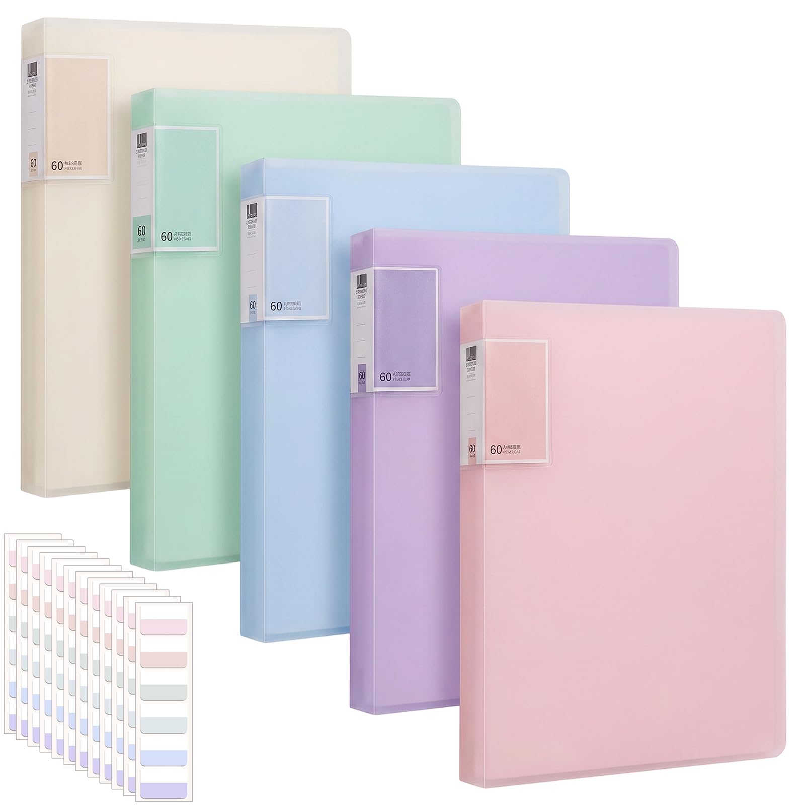 A4 Display Folder with Plastic Sleeves, 60 Pockets Display Book for Paperwork, 5 Pack Project Presentation Folders with 60 Index Stickers, Document Organiser for School Office Home, Morandi Colors