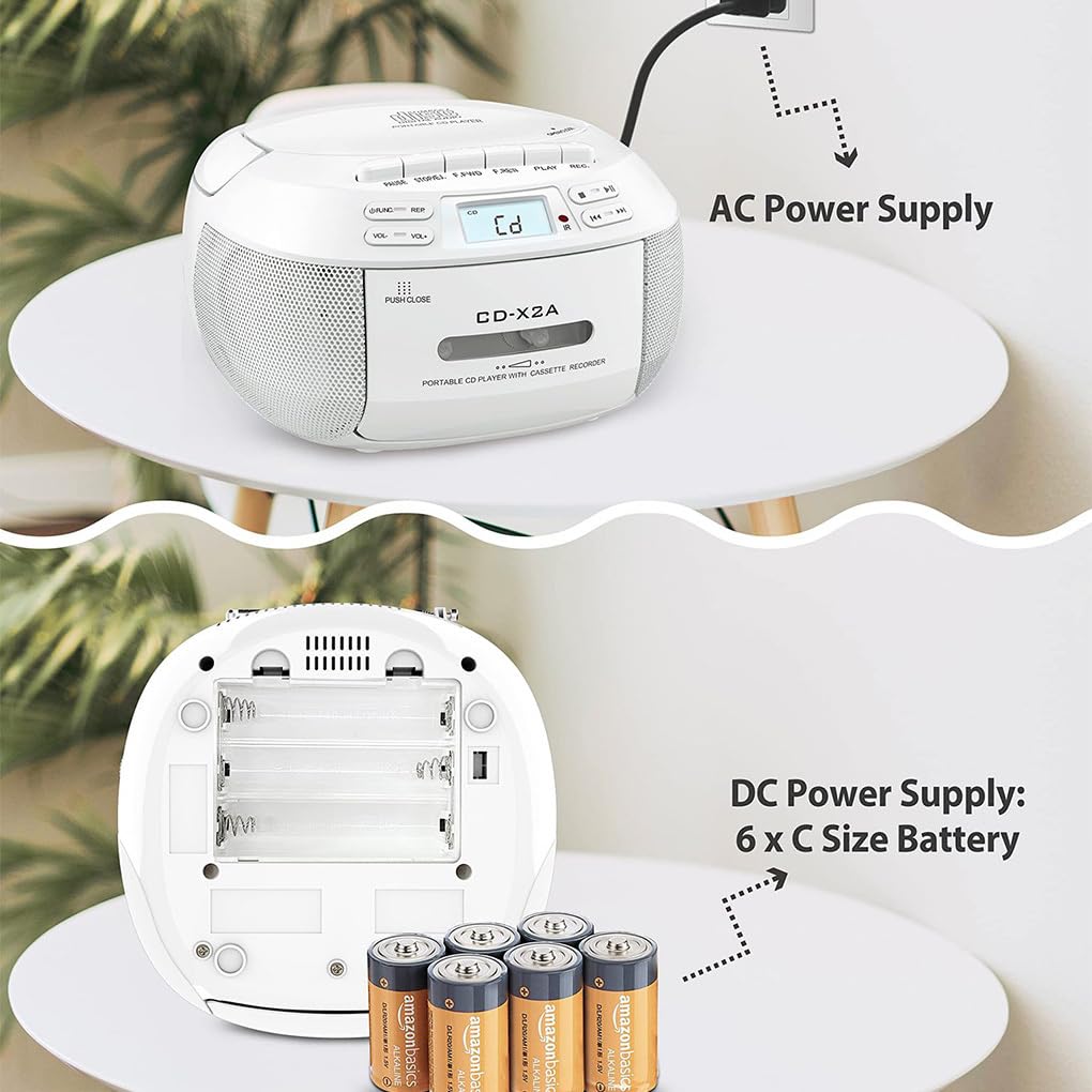 Lettore CD portatile con Bluetooth, radio AM/FM, unità flash USB e batteria integrata, lettore CD per la casa in ABS, Bianco