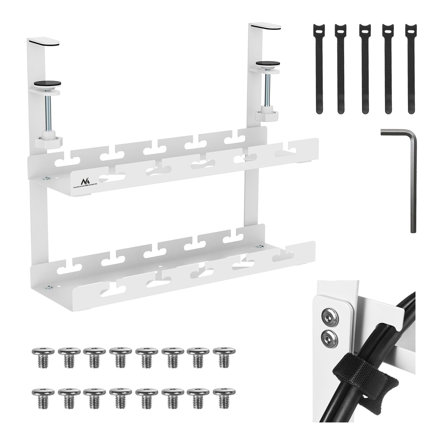 Maclean under-counter cable holder for power strips | Tool-free clamp fastening | 40cm Desk Organizer for Home Office Gaming Workstation up to 5kg (White, 2 Levels/Length: 400mm)