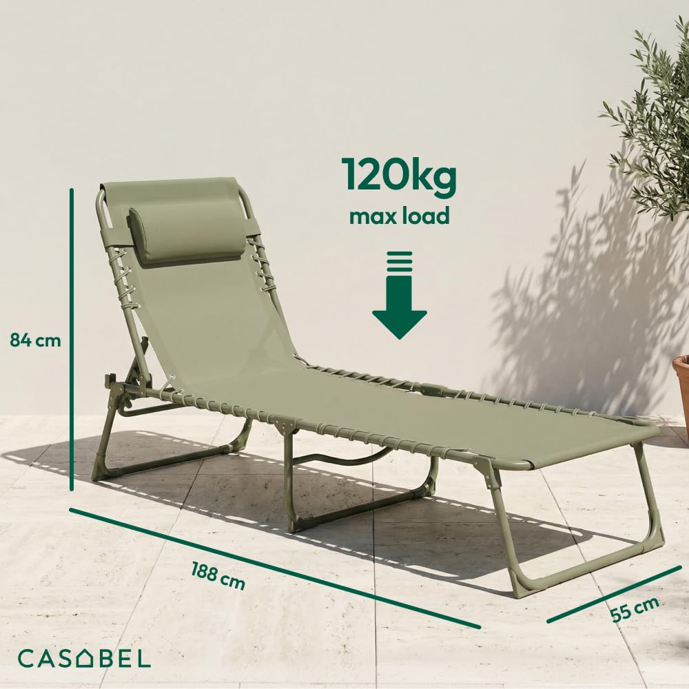 CASABEL Sedia Sdraio Pieghevole da Giardino, Set di 2 Lettini Pieghevoli Esterno Comodi e Resistenti, Struttura in Acciaio e Rivestimento in Textilene, Arredo Giardino Prendisole, Verde salvia