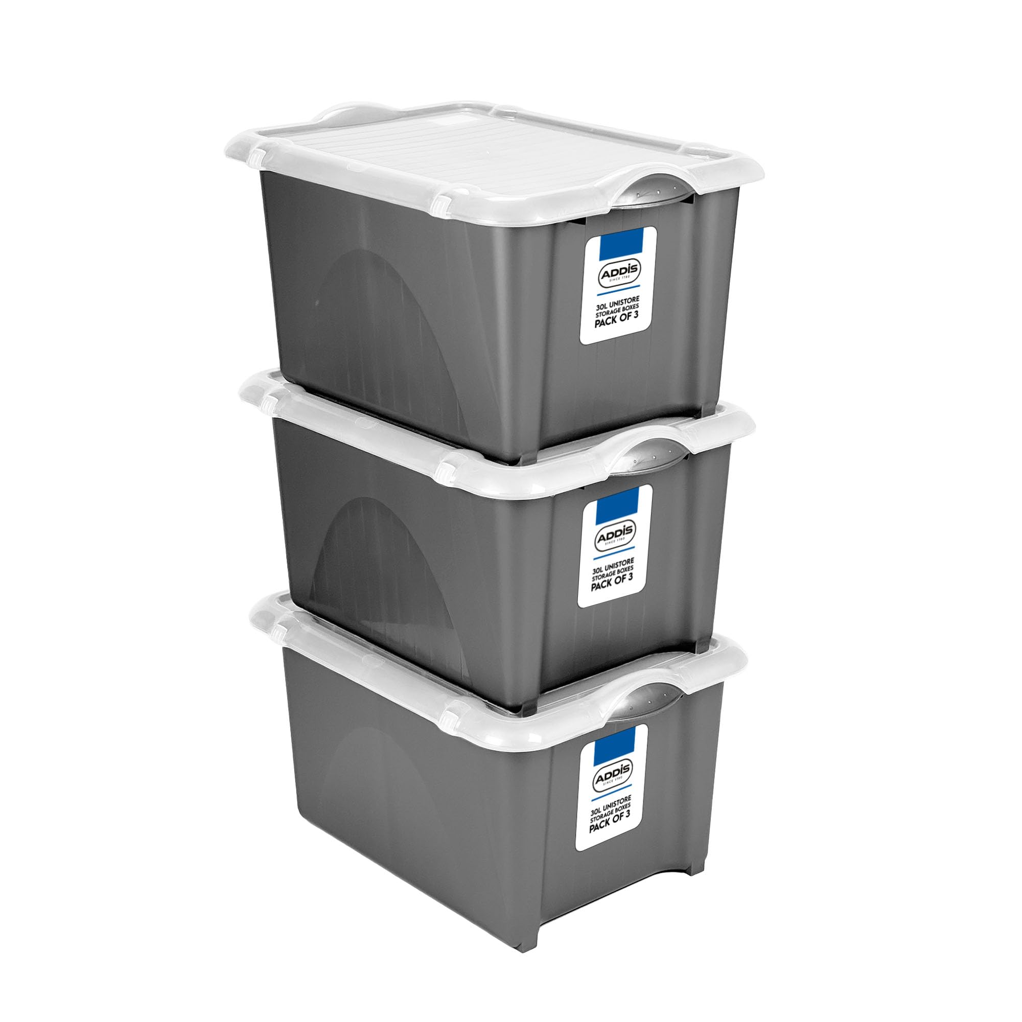 Addis 30 litre Metallic Grey Plastic Unistore Storage Boxes with clip lock lid and base, Pack of 3, tough reliable stackable nestable, Made in the UK, Metallic Grey