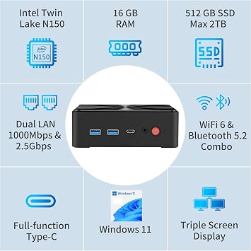Mini PC, Intel Twin Lake N150 (Beats N95, up to 3.6GHz), 16GB RAM 512GB SSD