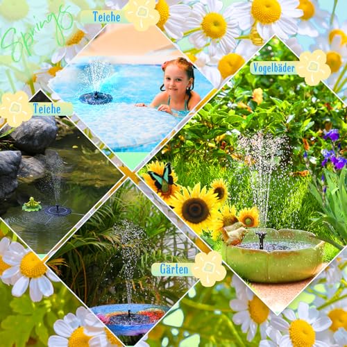 AMZtime Solarbrunnen für Draussen, Neuestes Upgrade Solar Springbrunnen für Außen,Teichpumpe Solar mit 6 Springbrunnenarten,Solar Gartenbrunnen für Wasserspiele, Gärten, Vogelbäder, Teiche
