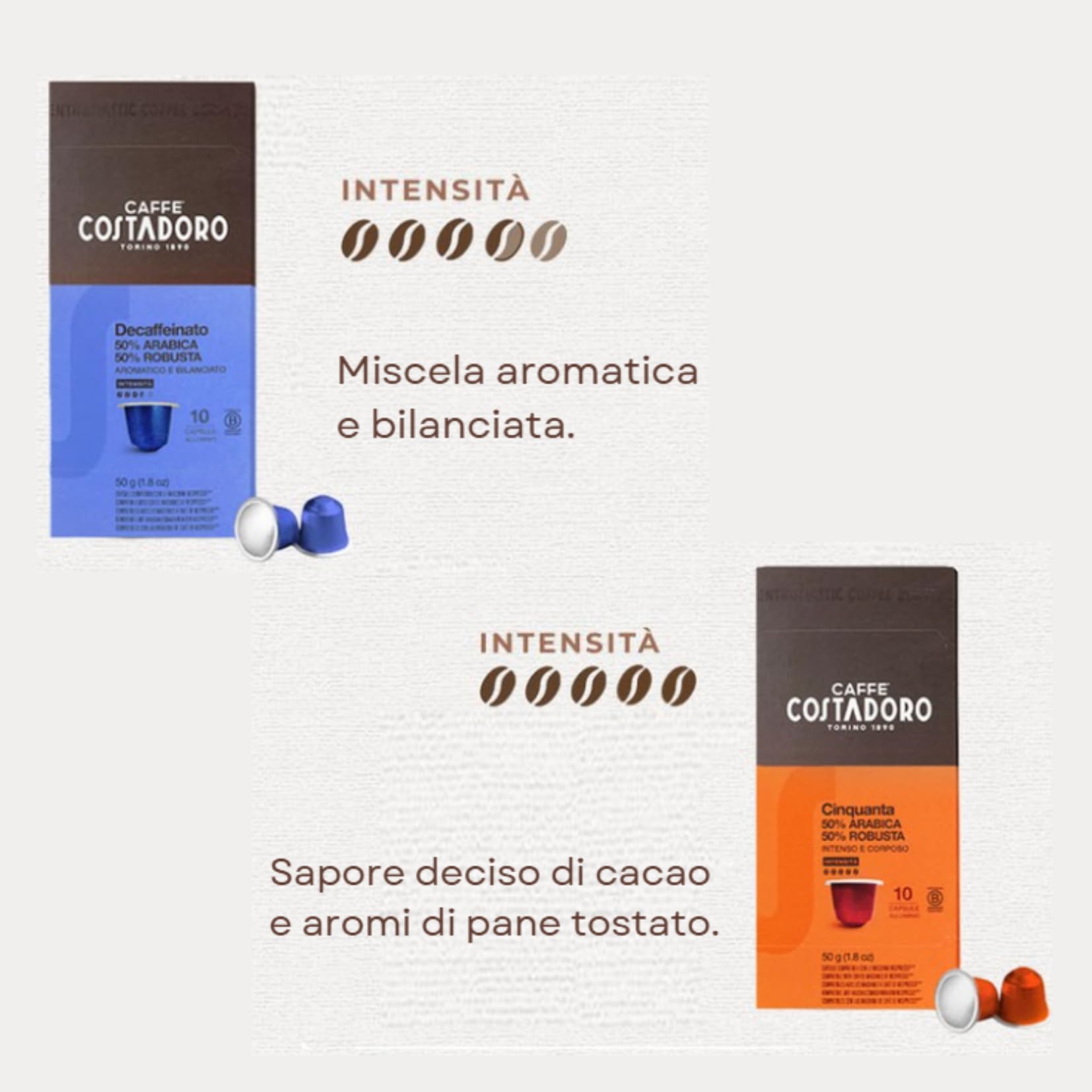 Costadoro Cento – 100 kapsułek kompatybilnych z Nespresso, 100% Arabica, 10 × opakowań po 10 kapsułek + 100 kubków kompostowalnych, wyprodukowano we Włoszech