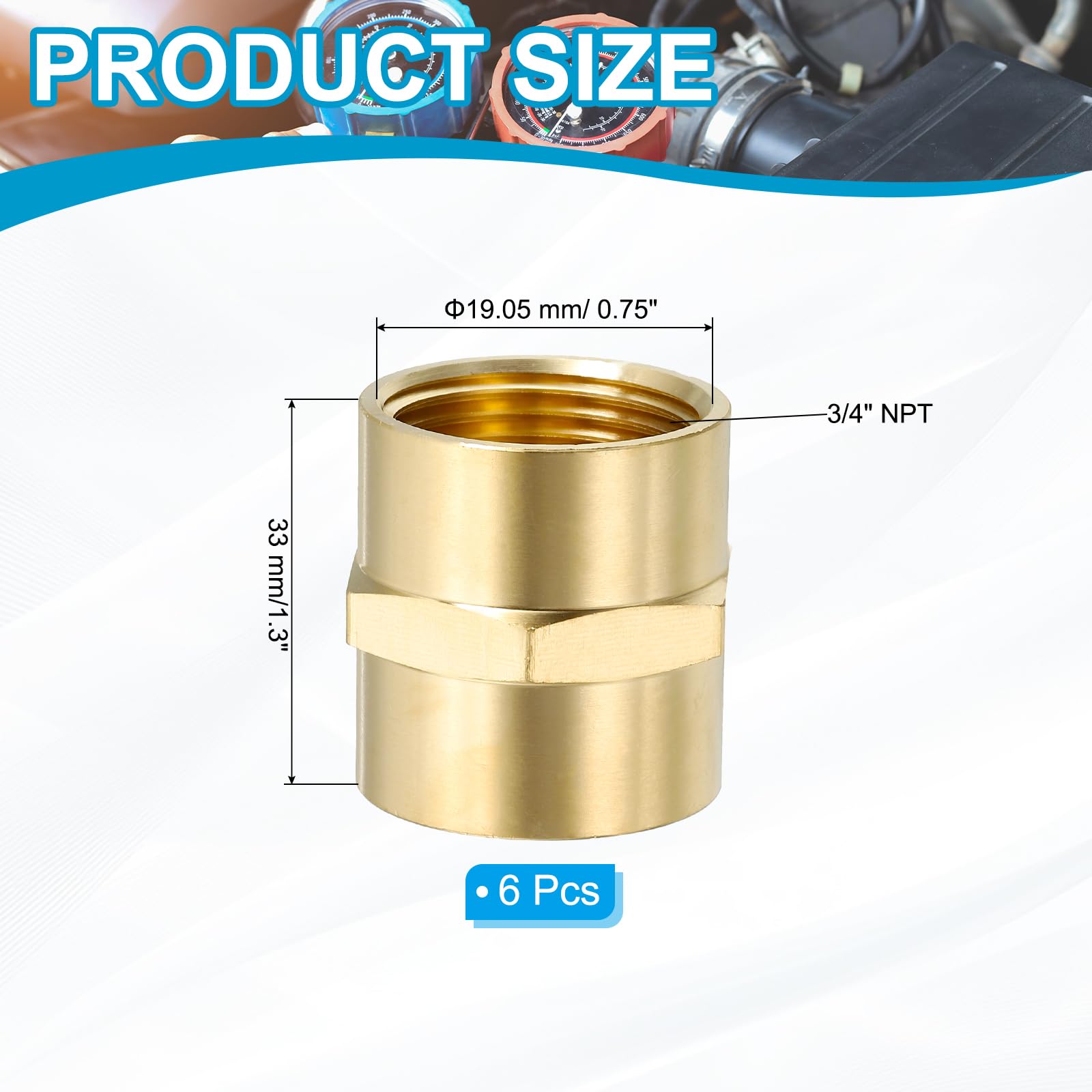PATIKIL 3/4" x 3/4" Raccord Coupleur laiton NPT, 6 Pack Raccord de tuyau à tête hexagonale femelle pour tuyaux de plomberie domestique Bases de pomme de douche, Couplage, Or