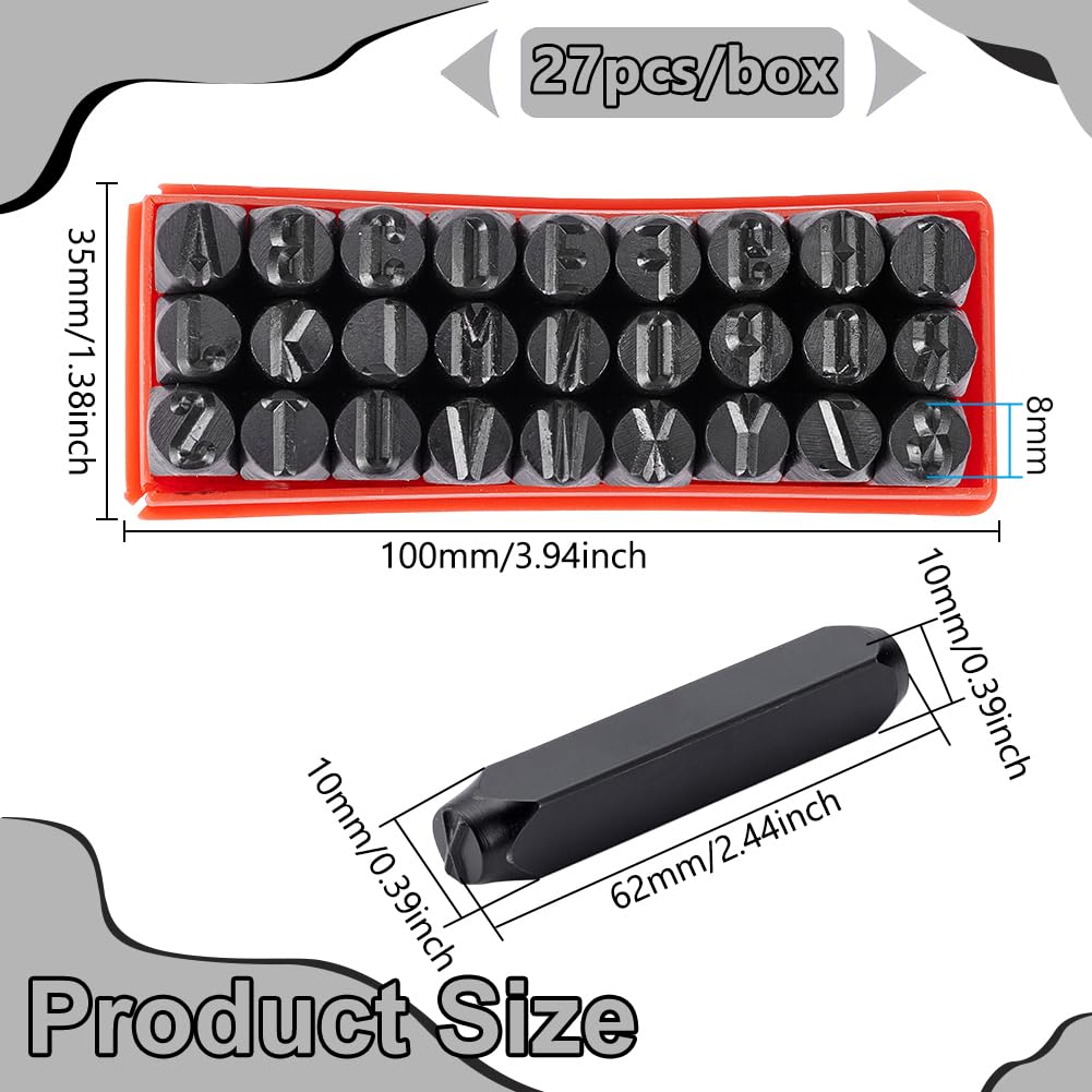 UNICRAFTALE Juego de 27 troqueles de metal de 8 mm con diseño de letras del alfabeto A-Z con estuche rojo, juego de herramientas de troquelado, herramienta para estampar plástico, madera, cuero