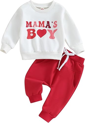 Conjunto para el día de San Valentín para bebé niño con texto en inglés "Mama is My Valentine", camisas estampadas, sudadera con cuello redondo