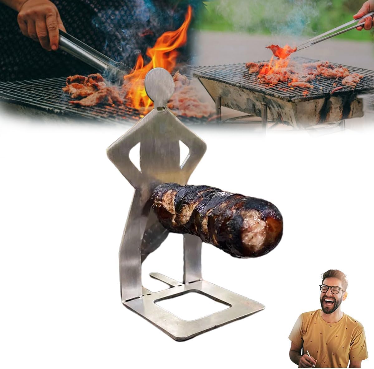 Griglia Porta Salsicce Per Barbecue - Cestello Metallico Per Griglia 55x12x3 Cm, Adatto Per 6 Hot Dog E Verdure, Manico In Legno Pieghevole