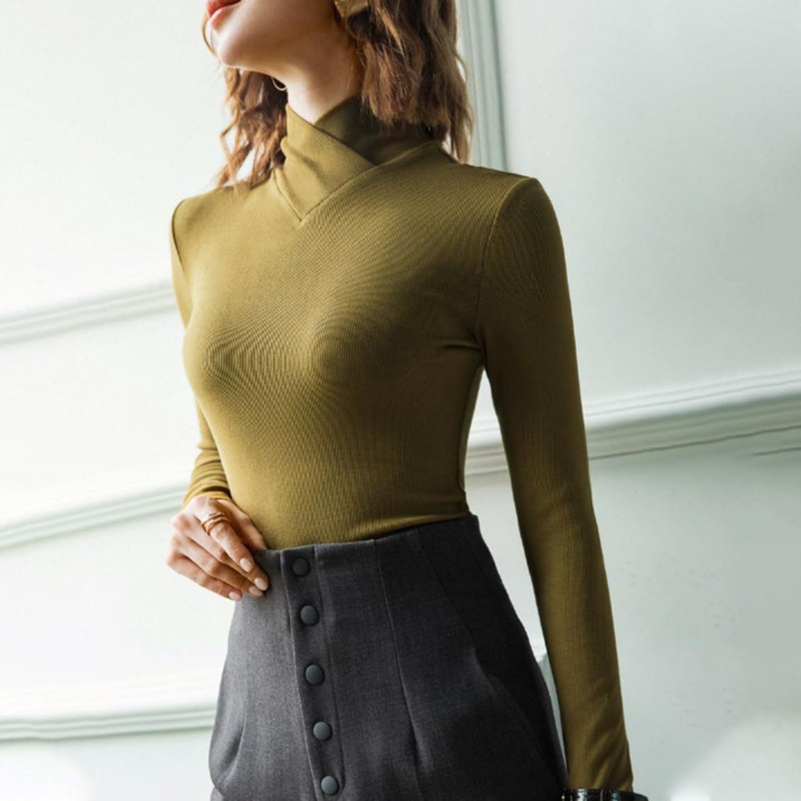 Camiseta de cuello alto cruzado de forro polar, cuello alto cruzado, manga larga, elástica, básica, ligera
