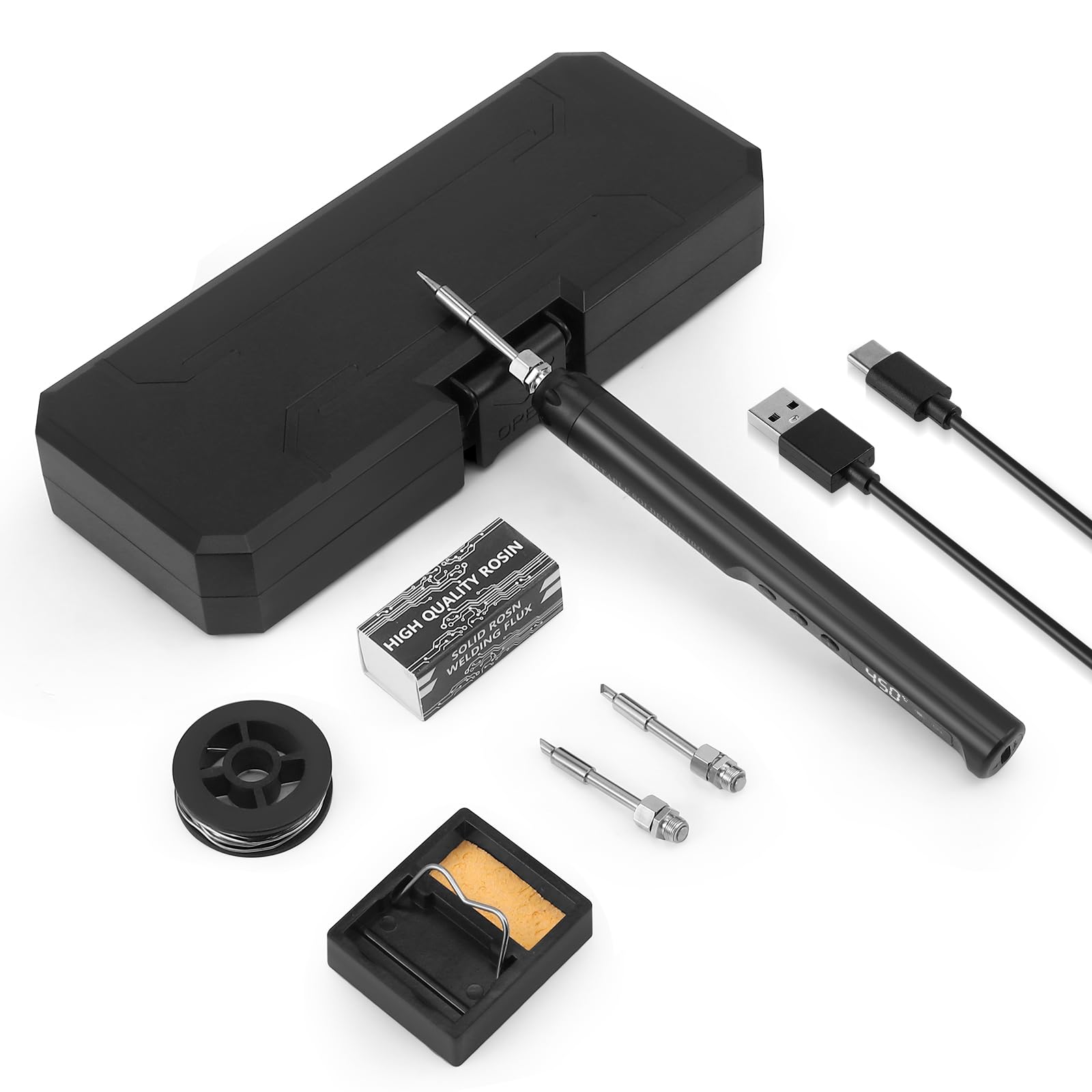 Set soldador estaño, Juego de soldador recargable por USB con pantalla LCD, temperatura ajustable de 200 a 450 °C, 3 puntas, alambre de soldadura, soldador y pasta de soldadura para soldar electronica