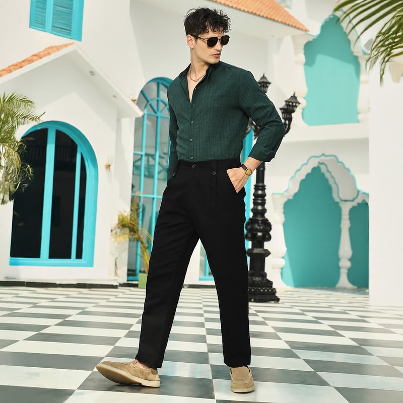 Image of CAHOOT Men Emerald Green Pinstriped Tactile Shirt for Casual Wear Mandarin Collar Long Cuffed Sleeves Button Closure Crafted with Comfort Fit Everyday