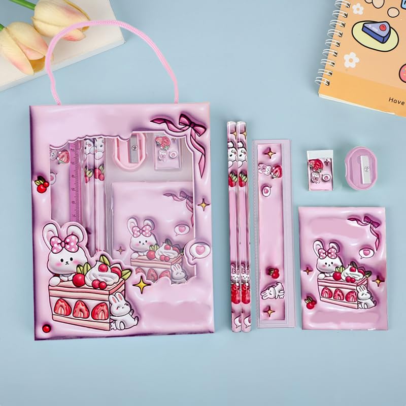 Image of 6-Piece Creative Stationery Set, Complete Set of Learning Supplies, Portable Stationery Gift Box Six in One, Suitable for Birthday Gifts, Daily Writing, Artistic Handicraft Use(Rabbit Set-Pink)
