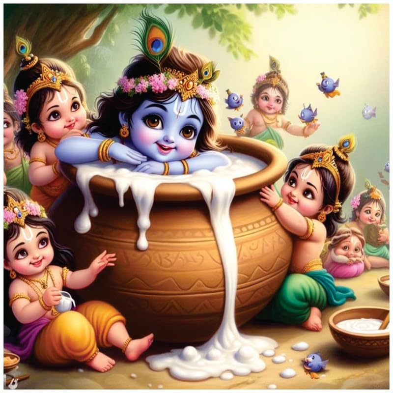 Image of British Terminal Cute little Bal Gopal Baby God Krishna| Kanha Ji | Laddu Lord Makhan Chor Painting Religious Poster for Pregnant Women for wall (matt thin vinyl,sticker,multicolor,unframed)| bj7