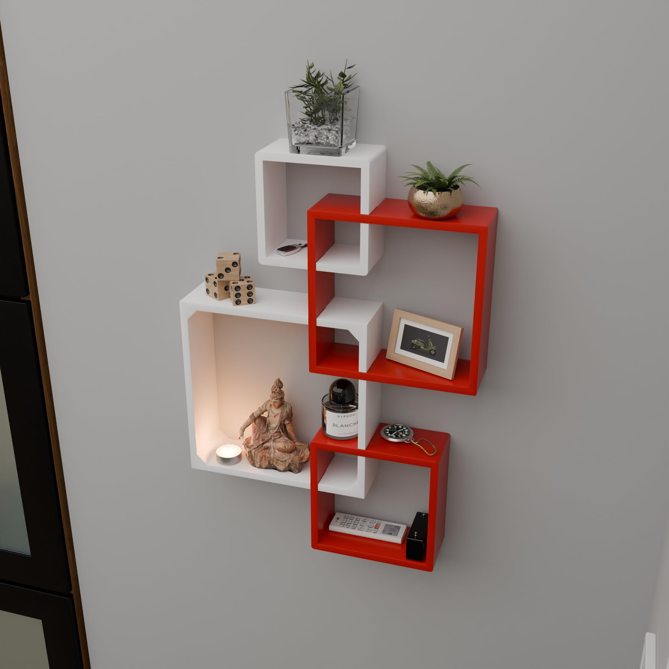 Floating Cube Shelves - Intersecting Wall Mounted Decor for Bedrooms, Living Rooms & More - Set of 4 Box Shelves (Red & White)