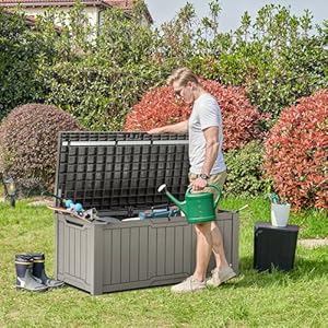 YITAHOME 120 Gallon Outdoor Storage Deck Box Large Resin Patio Storage for Outdoor Pillows Garden Tools and Pool Supplies Waterproof Lockable Light Brown