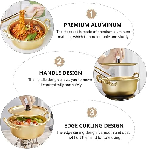 Miniatura 5 de Vaguelly Olla de fideos coreanos de 3 piezas, olla de ramen de aluminio, olla de cocción de ramen coreano con tapa y doble asa de calentamiento
