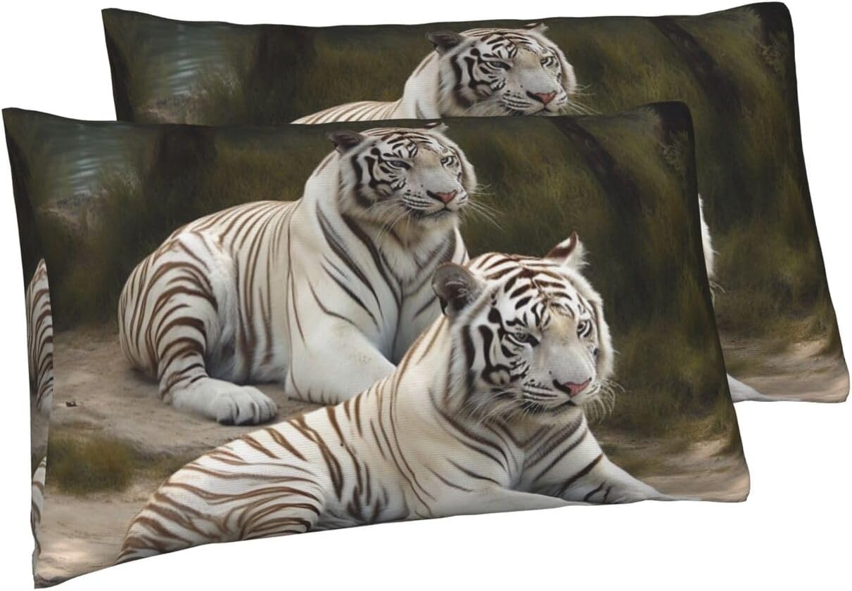 2 Pack Queen Size Pillow Cases with Envelop Closure, Soft Breathable Pillowcase for Hair and Skin, 20"x30" Pillow Covers for Sleeping Gift Bed Pillow Case White Tigers Pillowcases