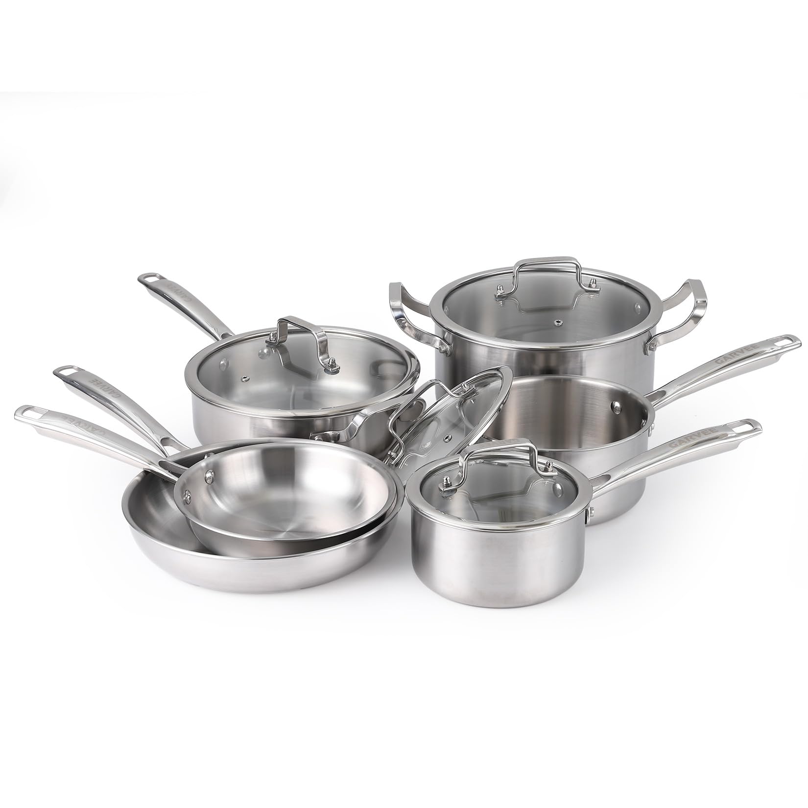 Garvee Tri-Ply Edelstahl Topfset 10-teilig, Induktions Kochgeschirr Set | mit Gleichmäßiger Wärmeverteilung, Kochtopfset PFOA-Frei und Ofenfest, für Alle Herdarten