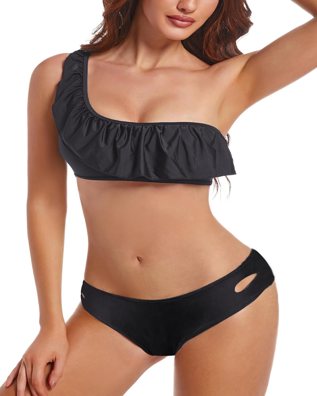 JFAN Bikini Juegos para Mujer Traje De Baño de Un Solo Hombro con Volantes Asimétrico Bañador de Dos Piezas con Cintura Baja