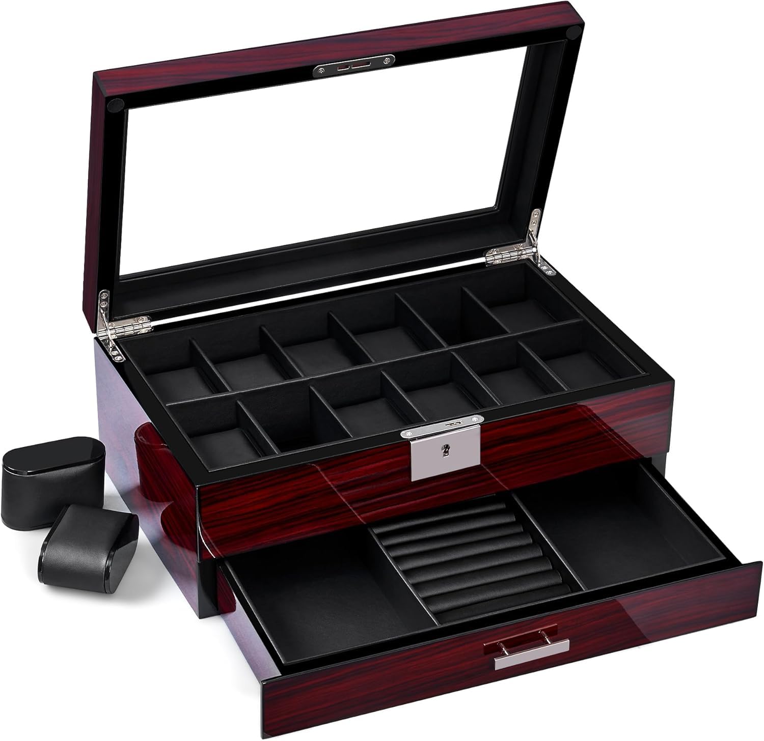ANWBROAD 12 Portaorologi per Uomo Posti Porta Orologi gioielli e orologi | 2-Tier Custodia per Orologi con Grande Coperchio Di Vetro, Scatola Portaorologi per Regalo Festa Del Uomo e Donna JWB001Y