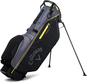 Callaway golf stand bag in grey and black with yellow accents, featuring a lightweight design, stand system, and multiple storage compartments for clubs and accessories