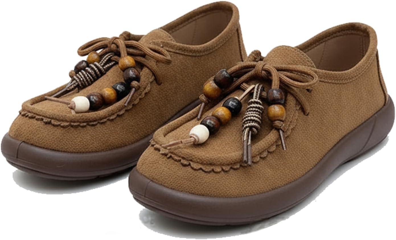 Suede Moccasins Loafers for Women Fashion Beaded Comfortable Round Toe Soft Sole Slip On Flats Daily Work Walking Shoes