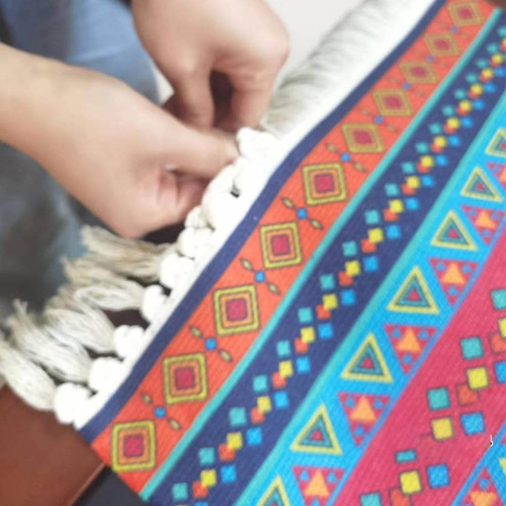 Aniyan Tapis bohème, en coton, lavable, avec glands, tapis tissé à la main, pliable, pour camping, extérieur, salon, chambre à coucher, cuisine, couloir, antidérapant à la main (style B)