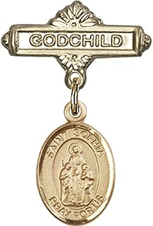 14kt Yellow Gold Baby Badge with St. Sophia Charm and Godchild Badge Pin 1 X 5/8 inches