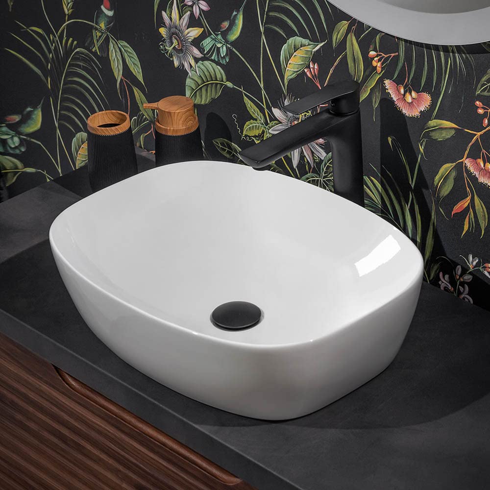 Lavabo da appoggio, L 50x38 cm in ceramica bianco lucido, rettangolare con angoli tondeggianti