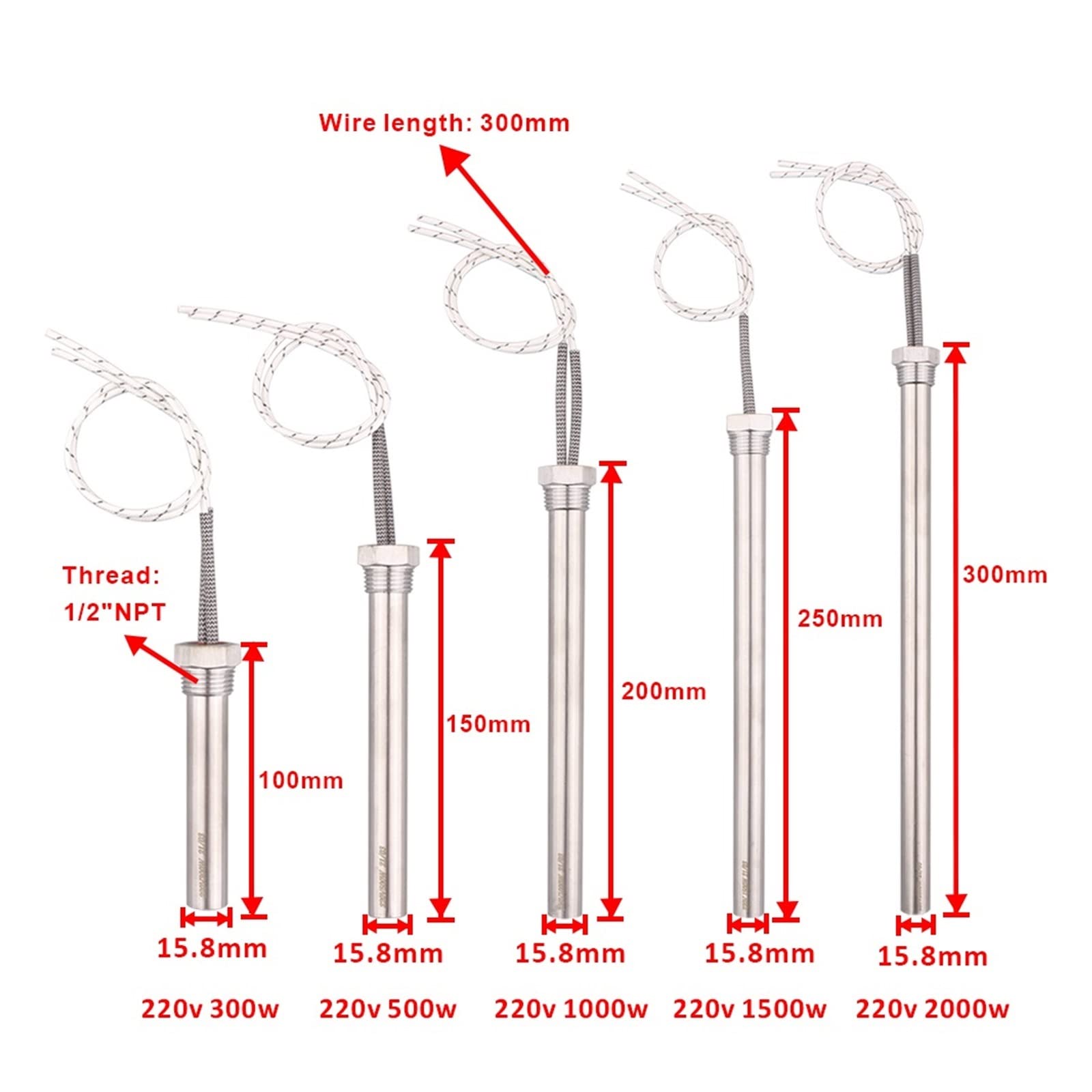 Riscaldatore a cartuccia ad immersione con filettatura da 0,5 pollici, resistenza cilindrica per asta calda, 220 V, 300 W, 500 W, 1/1,5/2 kW, elemento riscaldante elettrico dell'acqua (1,5 kW L250 mm)