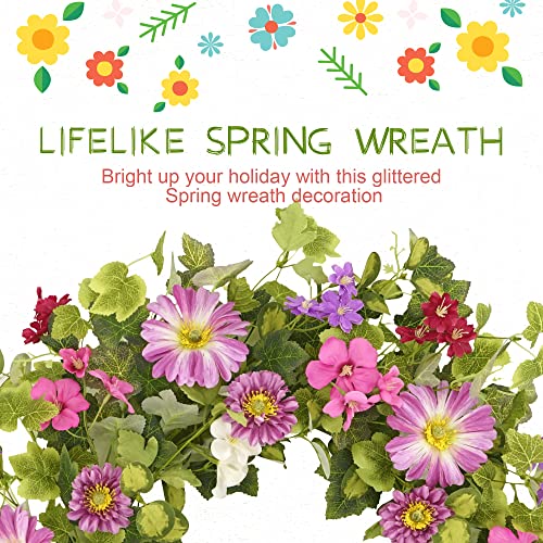 Ynylchmx 20" Spring Flower Wreath With Pink Daisy & Green Eucalyptus Leaves, Artificial Wreath Green Foliage Wreath For Wall Window Farmhouse Party Holiday Home Decor #TOP2