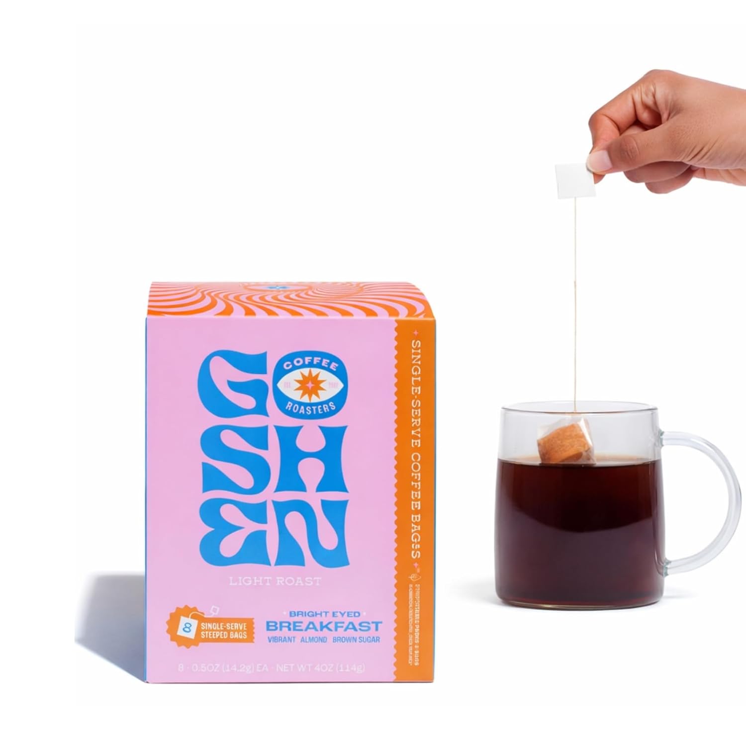 Goshen Coffee Roasters Single Serve Black Dog Espresso Blend | Dark Roast Roast | Roasted Nuts, Molasses, Dark Cocoa Flavors | 8 CT 4 Oz "Steeped" Single Serve Quick-Brew Coffee Bags