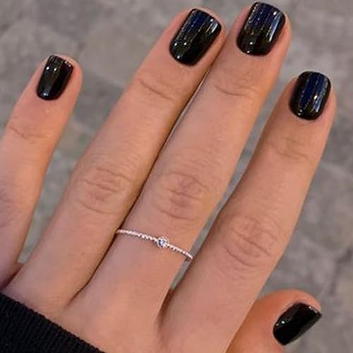 Miniatura 3 de GLAMERMAID Uñas postizas negras a presión cuadradas extra cortas, uñas postizas de gel suave hechas a mano con purpurina, escovalas cortas, oscuras,