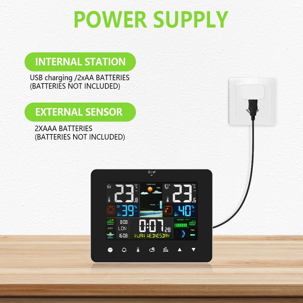 OFFCUP Stazione Meteorologica Wireless con Sensore Esterno LCD Display Colori Retroilluminazione Previsioni Tempo Barometro Fasi Lunari Sveglia Igrometro Nero