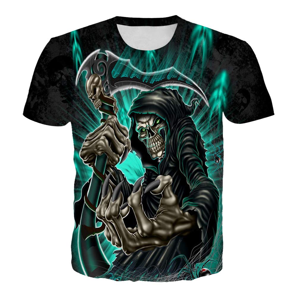 BESIYA PSY1368T Series 3D T-Shirt Round Collar Short-Sleeve Tops for Men and Women Unisex 3D Casual Tees with Skull Design